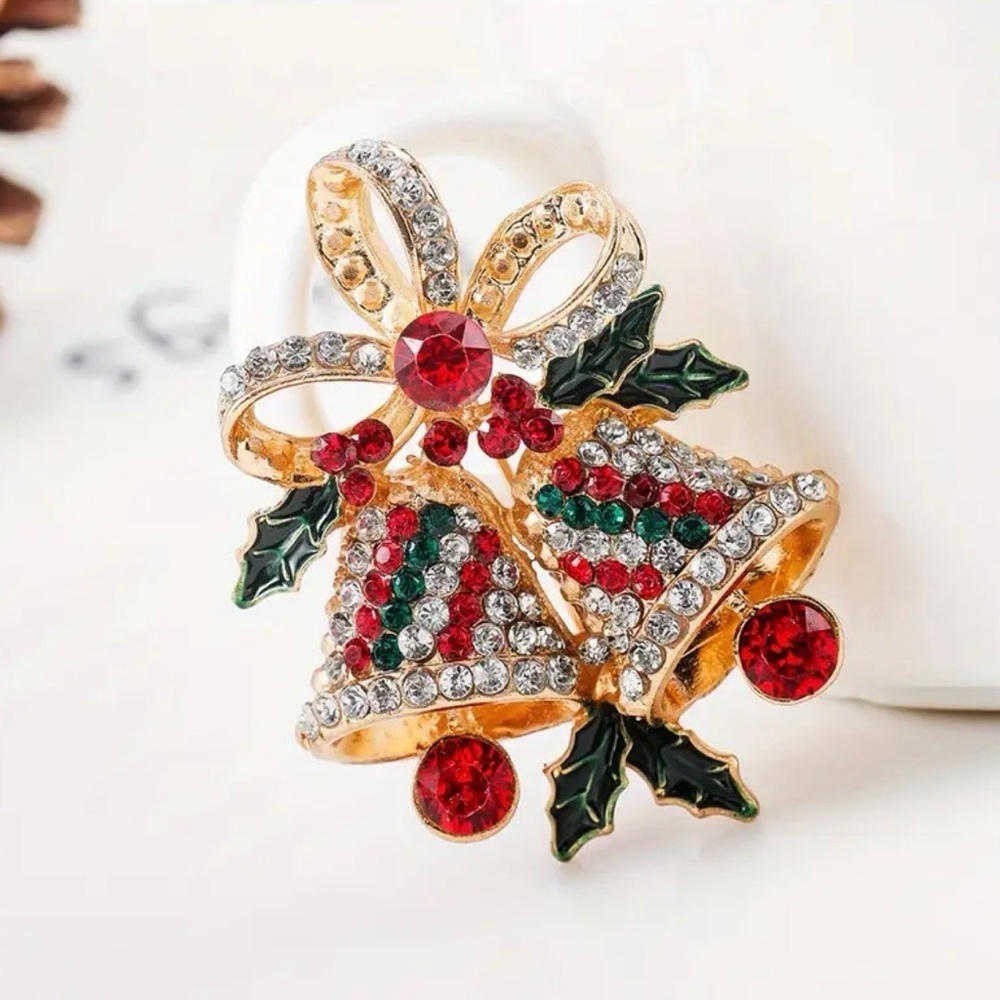 Festive Gold And Red Bell Brooch.